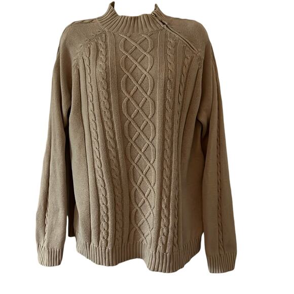 Studio Works Beige Cotton Knit Sweater Woman Size Large Diagonal Zipper - Picture 1 of 7